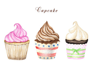 Watercolor cupcake, hand drawn delicious food illustration, cake isolated on white background.