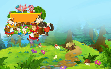 Cartoon fairy tale scene with wolf on the meadow and title frame with different characters - illustration for children