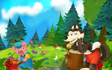 Cartoon fairy tale scene with wolf and pig on the meadow - illustration for children