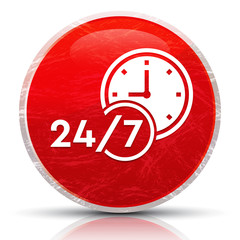 24/7 clock icon metallic grunge abstract red round button vector illustration