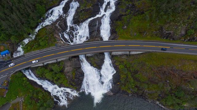 Summer Langfossen waterfall in Norway, drone shot