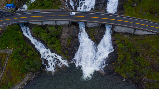 Summer Langfossen waterfall in Norway, drone shot