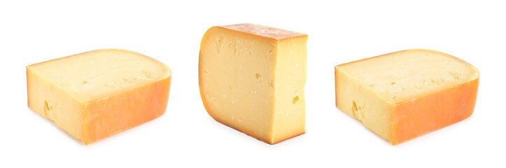 Set of delicious cheese on white background. Banner design