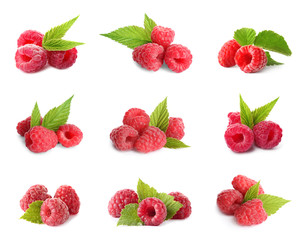 Obraz na płótnie Canvas Set of fresh sweet raspberries on white background
