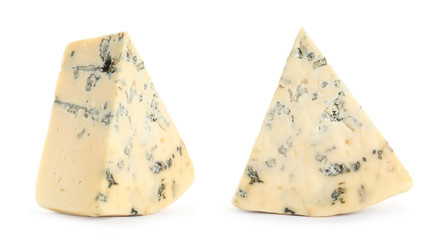 Pieces of delicious blue cheese on white background