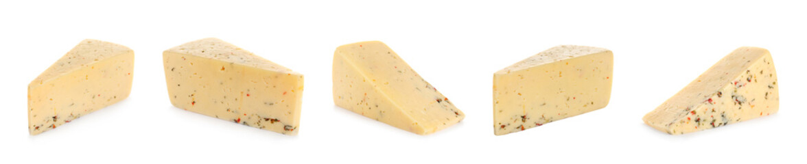 Set of delicious cheese on white background. Banner design