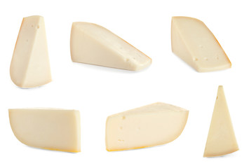 Set of delicious cheese on white background