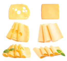 Set of delicious cheeses on white background