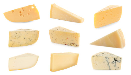 Set of different delicious cheeses on white background