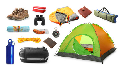 Set with different camping equipment on white background
