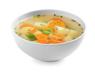 Bowl of fresh homemade vegetable soup on white background