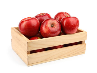 Wooden crate of ripe juicy red apples on white background