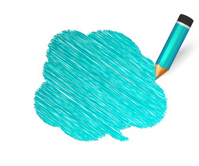 Hand drawn speech bubble paint with pencil on white background. Banner with doodles of turquoise crayon and place for message. Sketch cloud, colorful lines stroke and scribble