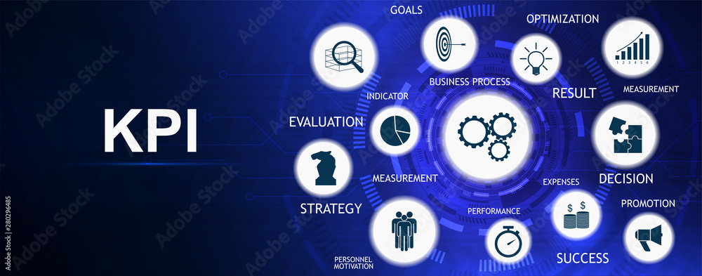 Poster KPI - Key Performance Indicator banner with Keywords and Icons. Metrics to measure achievement versus planned target . Business analytics. Key Performance Indicator info banner. Vector infographic