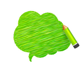Sketch pencil drawing. Hand drawn speech bubble on white background. Colorful doodles banner with shading of green crayon and place for message. Cloud of scribble, lines stroke