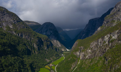 Fototapeta na wymiar the beautiful view on Naeroydalen valley and peaks on Stalheim, Voss in Hordaland, Norway.