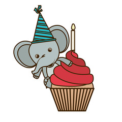 cute elephant with cake of happy birthday