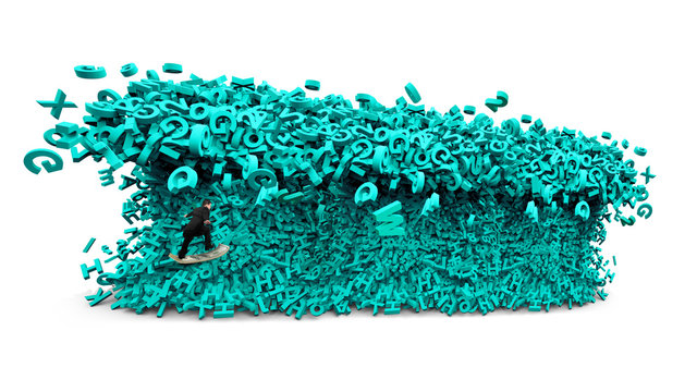 Big data driving concept. Surfing business man riding dollar bill surfboard with the tsunami wave of computer data, huge amount of numbers and letters, isolated on white background.