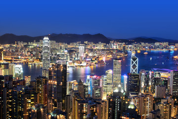 Fototapeta na wymiar Sunset Blue Hour Over Victoria Harbor in Hong Kong, China