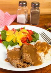 Brown Gravy over Meatloaf and Rice with Fresh Garden Salad in Honey Mustard Dressing