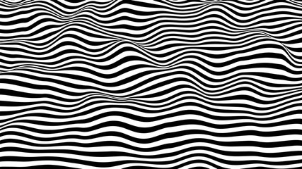 Black and white hallucination. Optical illusion. Twisted illustration. Abstract futuristic background of stripes. Dynamic wave. Vector.