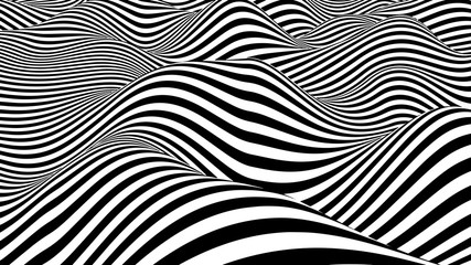 Black and white hallucination. Optical illusion. Twisted illustration. Abstract futuristic background of stripes. Dynamic wave. Vector.