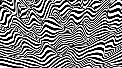 Fototapeta na wymiar Black and white hallucination. Optical illusion. Twisted illustration. Abstract futuristic background of stripes. Dynamic wave. Vector.
