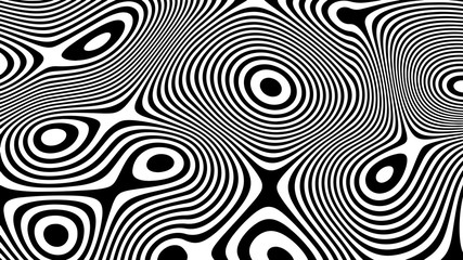 Black and white hallucination. Optical illusion. Twisted illustration. Abstract futuristic background of stripes. Dynamic wave. Vector.