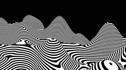 Black and white hallucination. Optical illusion. Twisted illustration. Abstract futuristic background of stripes. Dynamic wave. Vector.
