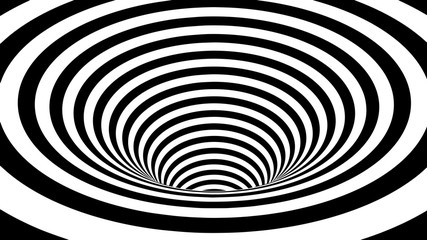 Black and white hallucination. Optical illusion. Twisted illustration. Abstract futuristic background of stripes. 3D wormhole or tunnel.