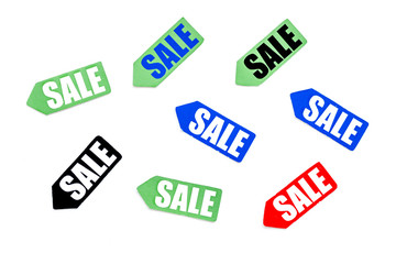 Sale in shop with lable pattern on white background top view mockup