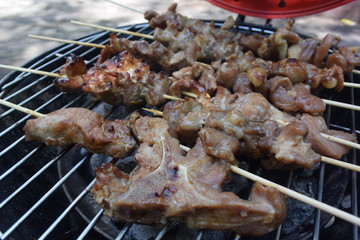 pork skewer in bamboo stick on the grill