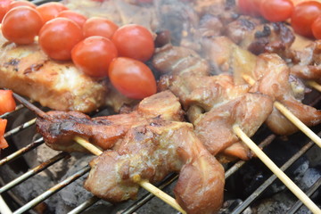 pork skewer in bamboo on the grill