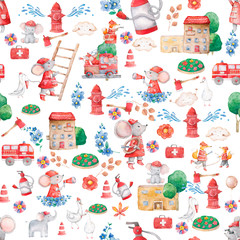 Fototapeta premium Watercolor cute illustration of seamless pattern with animals rescue team cartoon. Hand drawn colorful clip art on white background. Tree, firecar and little house. Heroes and blue floral.