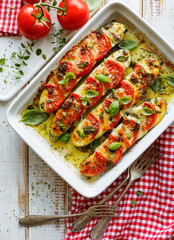 Roasted, stuffed zucchini with the addition of tomatoes, mozzarella cheese, fresh basil and olive...