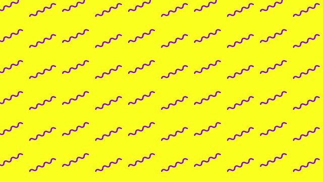 Wavy lines animated. Purple, Squiggling lines on a yellow static background. Stylish and modern  2d background design. Video pattern, Loop animation. Seamless motion design for text, poster,cover. 4K.