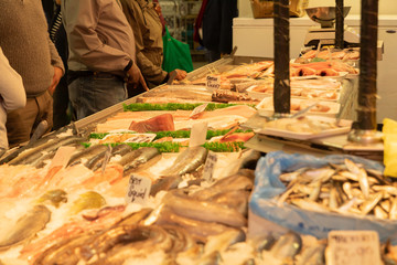 people choosing the fish in fresh fish market with many kinds of raw material for cooking and restaurant