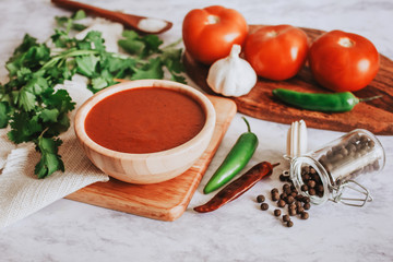 Mexican red Sauce hot chili, spicy food and ingredients in Mexico