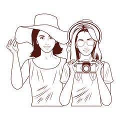 Pop art women friends smiling cartoon in black and white