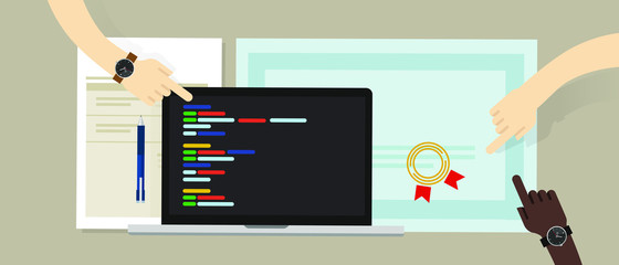 programming skill certificate certification with laptop and coding app script software programs. education skill vector