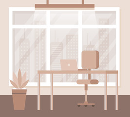 desk with laptop and chair with plant and window