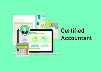 Certified accountant CA paper calculator laptop with people business smile. Business concept of accountant education certification.