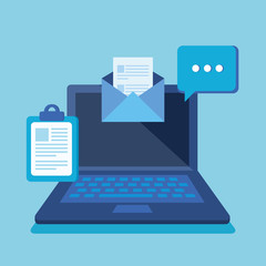laptop technology with document clipboard and chat bubble