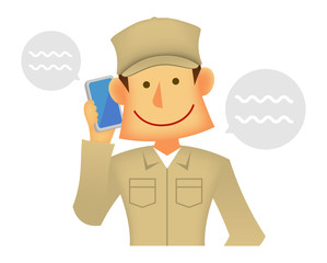 若い作業着を着た日本人 /上半身 (作業員・配達員）/携帯電話で話す作業スタッフ