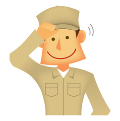 若い作業着を着た日本人 /上半身 (作業員・配達員）/ 帽子に手を当て挨拶する作業スタッフ