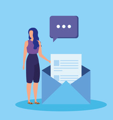 businesswoman with letter document and chat bubble