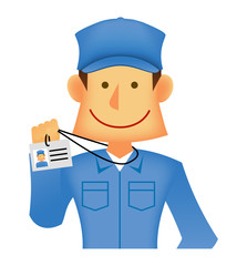 若い作業着を着た日本人 /上半身 (作業員・配達員）/ 社員証を見せて挨拶するスタッフ