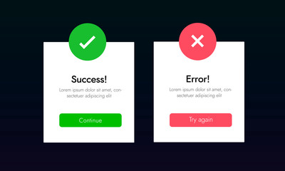 Success and Error info message ui banners. Web tab template for Aproved and Rejected, Yes and No, Accepted and Denied tab vector design.