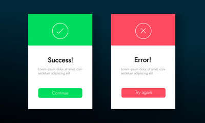 Success and Error info message abstract ui banners. Web tab template for Aproved and Rejected, Yes and No, Accepted and Denied tab vector design. Continue and Try again buttons.