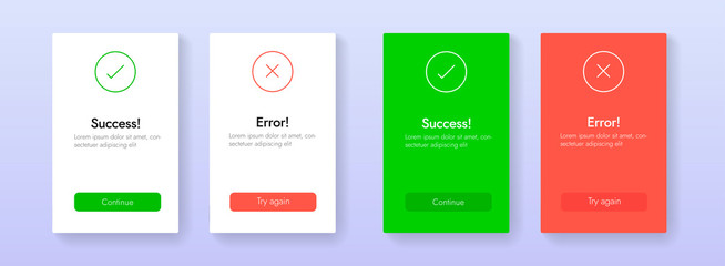 Success and Error info message abstract ui banners. Web tab template for Aproved and Rejected, Yes and No, Accepted and Denied tab vector design. Continue and Try again buttons.